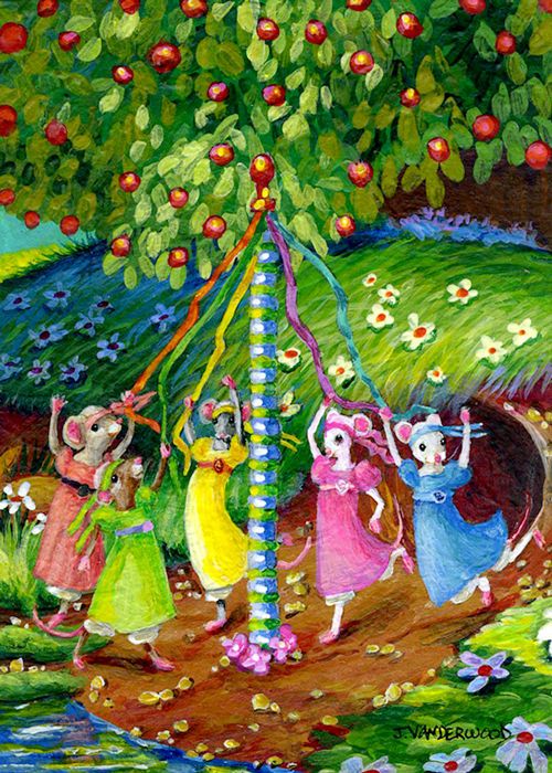 500x700 Mice Maypole Dance Apples Spring Flowers Landscape Aceo Original - Maypole Painting