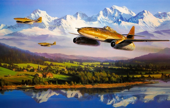 596x380 Wallpaper War, Art, Airplane, Painting, Jet, Ww2, Messerschmitt Me - Me 262 Painting