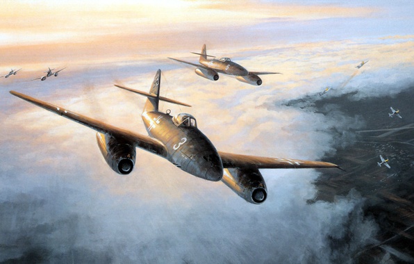 596x380 Wallpaper War, Art, Painting, Aviation, Ww2, Messerschmitt Me 262 - Me 262 Painting