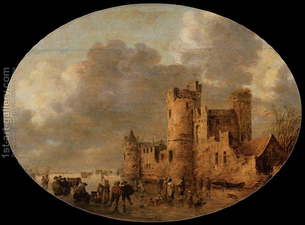 1000x738 Skaters In Front Of A Medieval Castle Jan Van Goyen Reproduction - Medieval Castle Painting