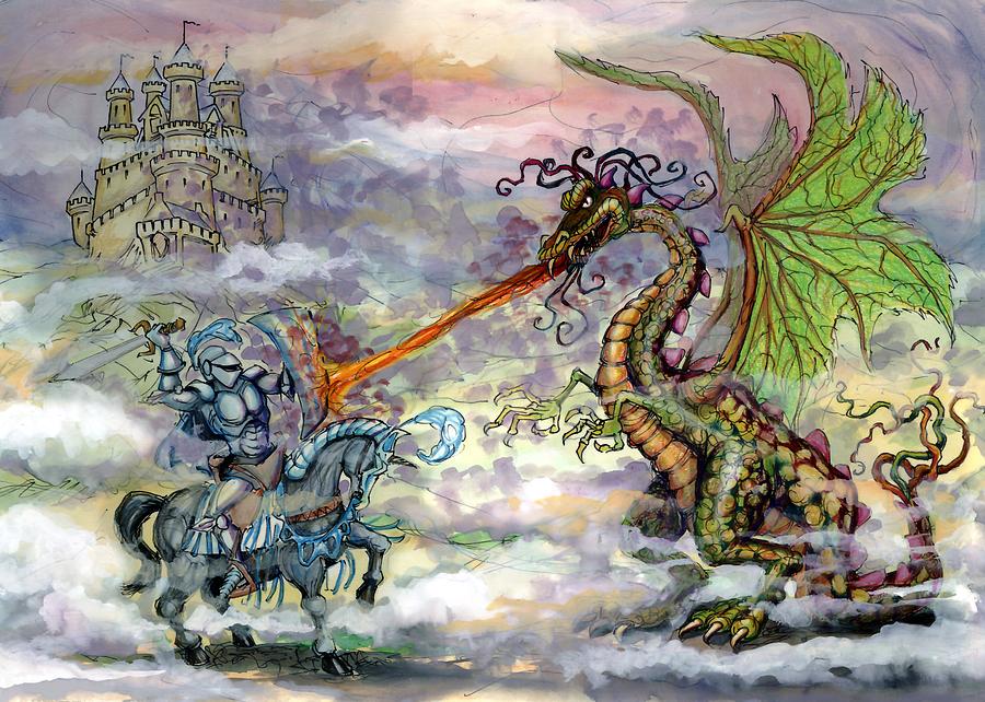 900x642 Knights N Dragons Painting By Kevin Middleton - Medieval Dragon Painting