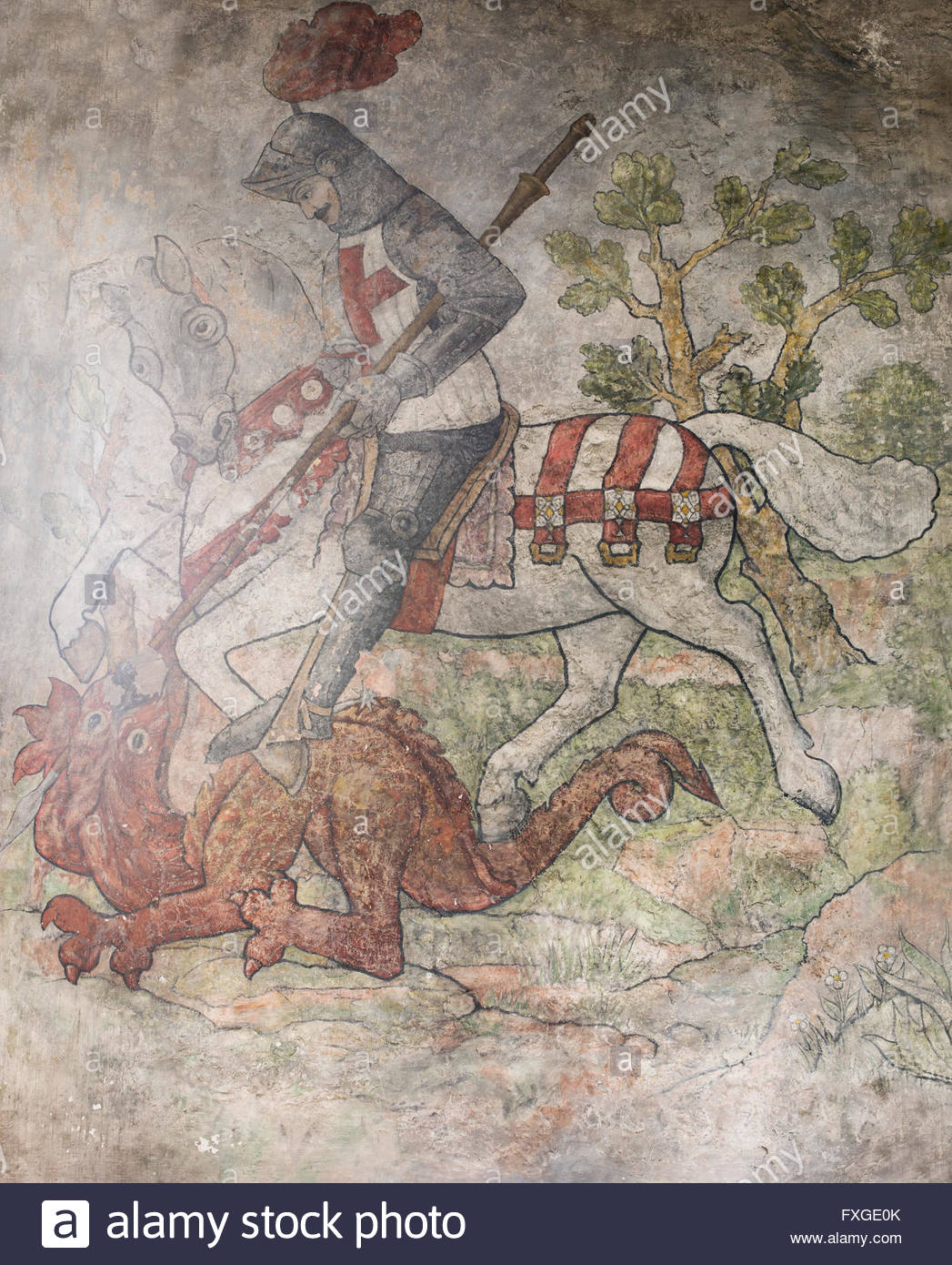 1047x1390 Restored Medieval Wall Painting Of St. George Slaying - Medieval Dragon Painting