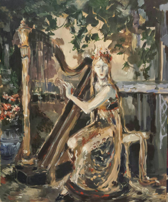 570x685 The Golden Harp Original Painting Renaissance Medieval Maiden - Medieval Maiden Painting