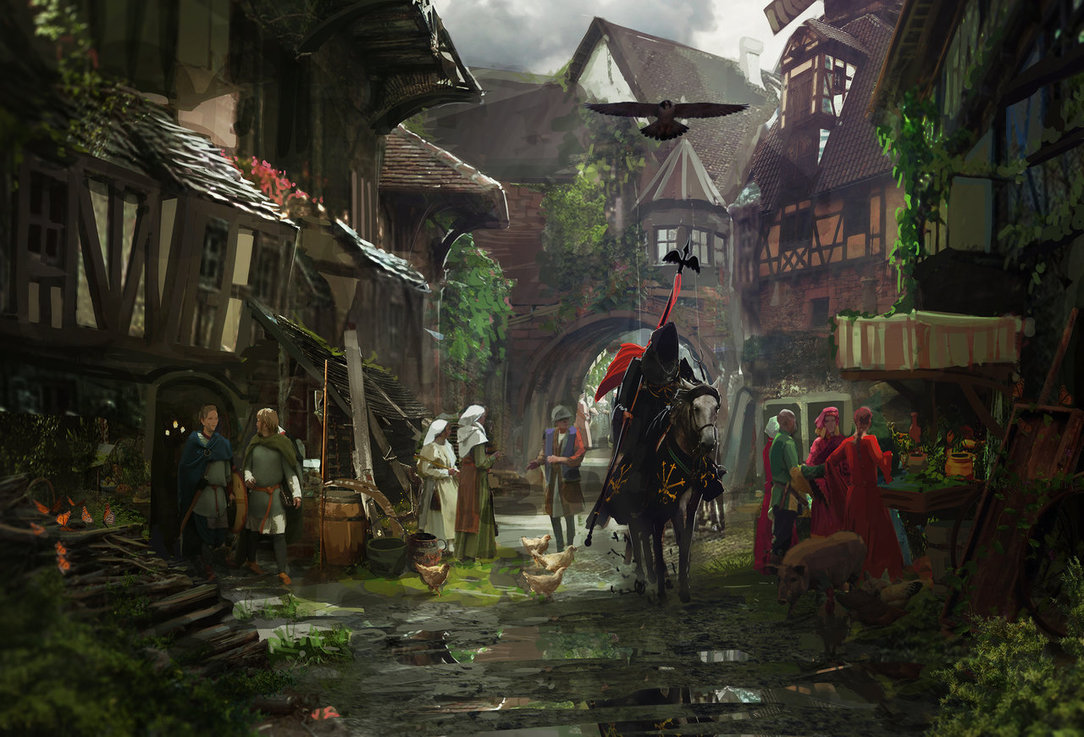1084x737 Medieval Town By Rhysgriffiths - Medieval Village Painting