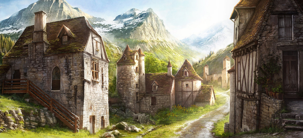 1280x586 Oak's Crossing By Jonasdero - Medieval Village Painting
