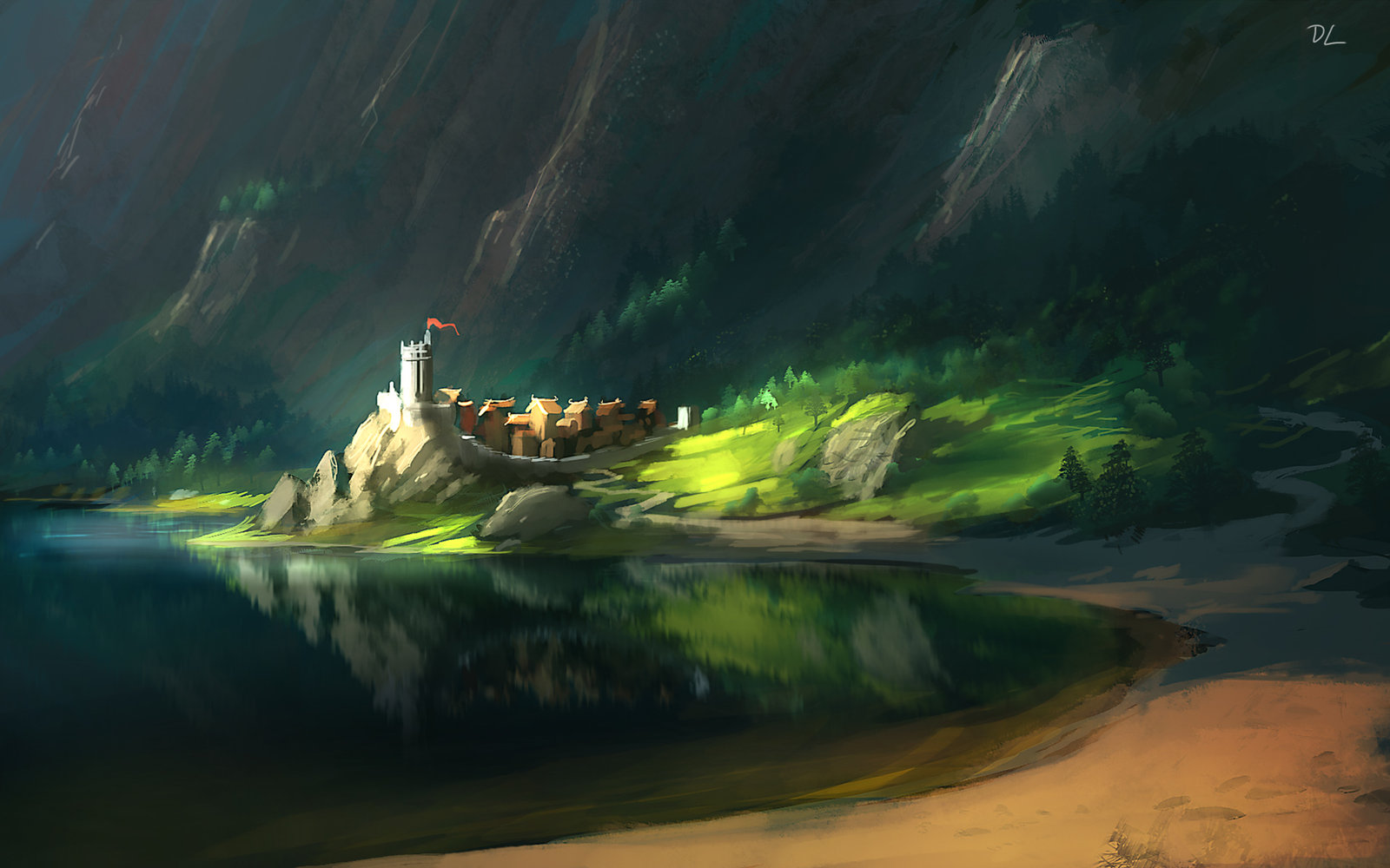 1600x1000 Artstation - Medieval Village Painting