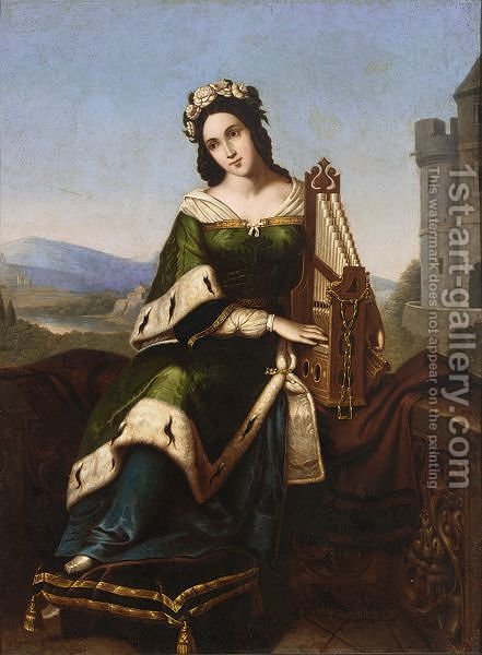 441x600 An Elegant Lady In Medieval Dress Playing A Small Organ (After - Medieval Woman Painting