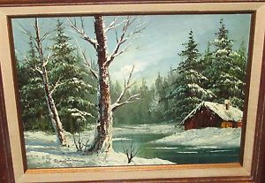 300x207 River Snow Landscape Barn Oil On Canvas Painting Ebay - Medina Painting