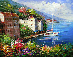 300x234 Beautiful Oil Painting Summer Mediterranean Landscape With Flowers - Mediterranean Landscape Painting