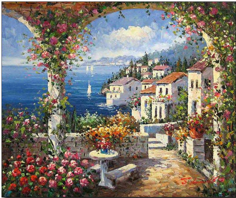 786x659 Mediterranean Oil Painting,mediterranean View To The Sea 1 - Mediterranean Painting