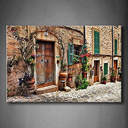 425x425 Streets Of Old Mediterranean Towns Flower Door Windows - Mediterranean Painting