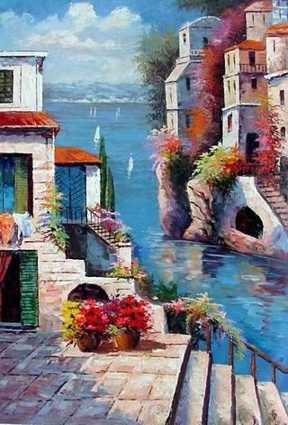 320x471 Mezzanine Oil Painting Art Painting Mediterranean Sea Oil Painting - Mediterranean Painting