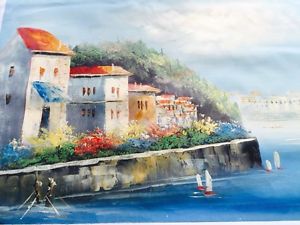 300x225 Large 36 X 24in Houses On Ocean Front View Mediterranean Painting - Mediterranean Painting