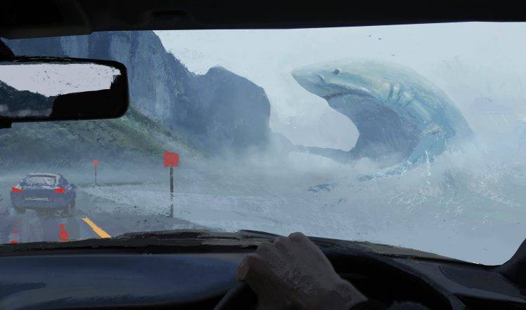 748x442 Artwork, Painting, Shark, Animals, Car, Road, Sea, Car Interior - Megalodon Painting