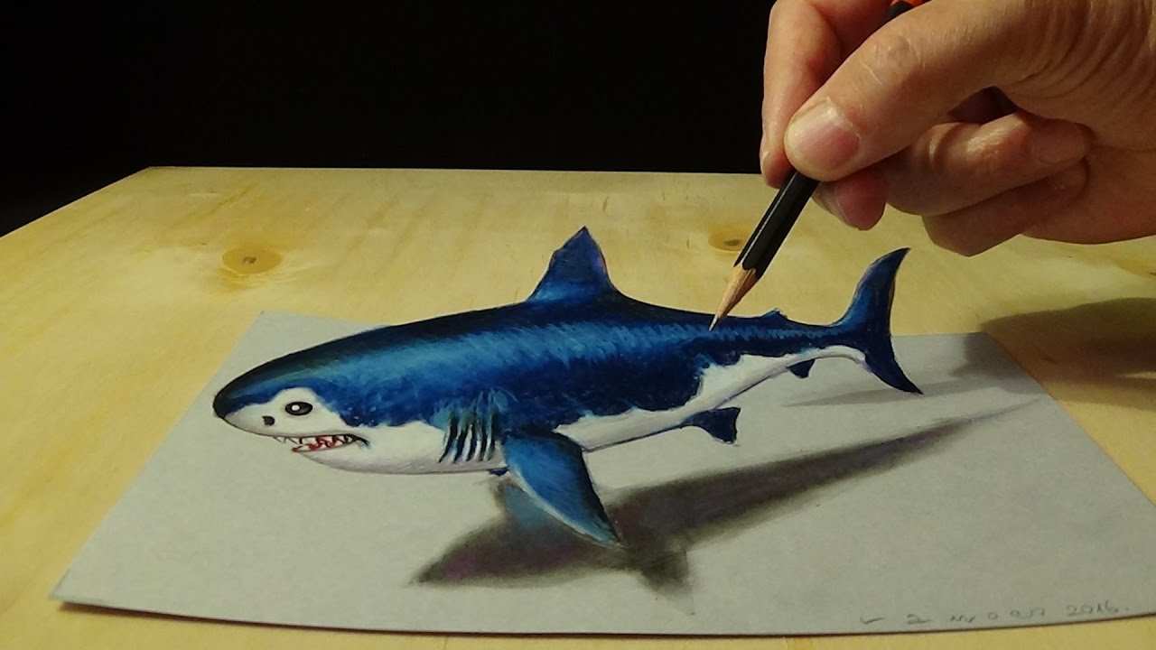1280x720 Drawing 3d Shark - Megalodon Painting