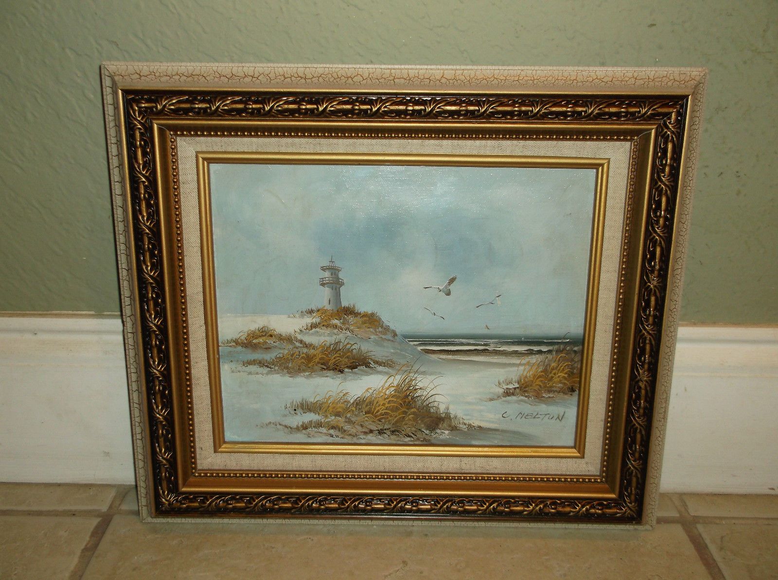 1600x1194 Lighthouse Beach Dunes Seascape Oil On Canvas Signed C. Melton - Melton Painting