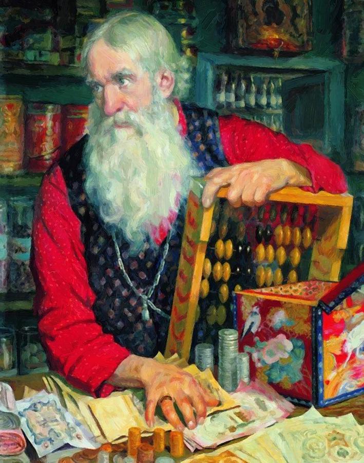 709x900 A Merchant 1918 Painting By Kustodiev Boris - Merchant Painting