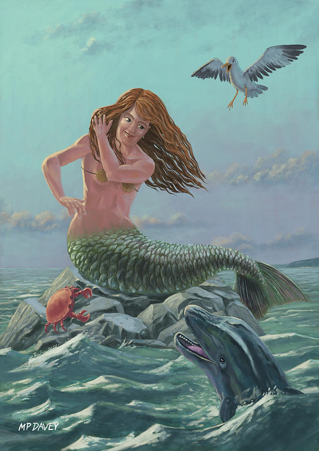 636x900 Mermaid On Rock Painting By Martin Davey - Mermaid On Rock Painting