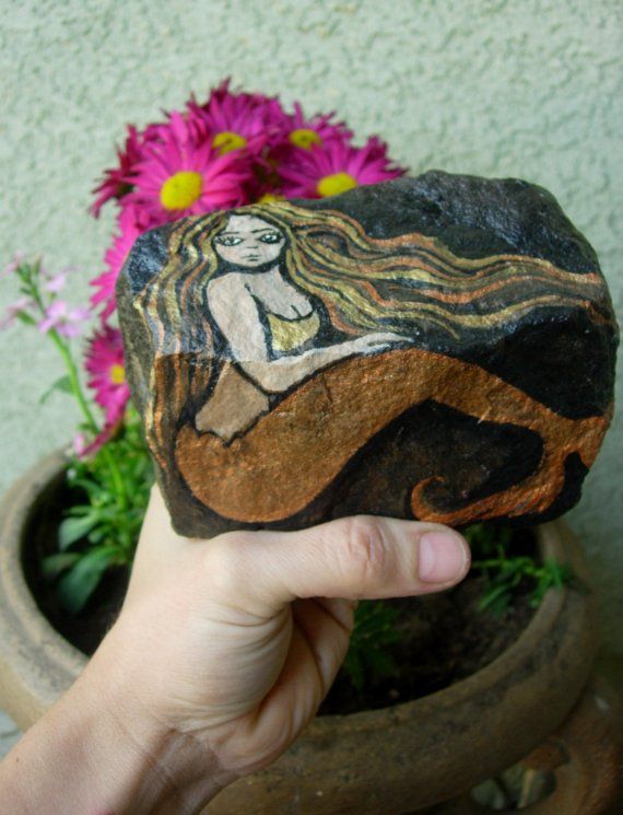 570x745 Bronzed Mermaid Pretty Painted Rock By Mygardenrocks On Etsy - Mermaid On Rock Painting