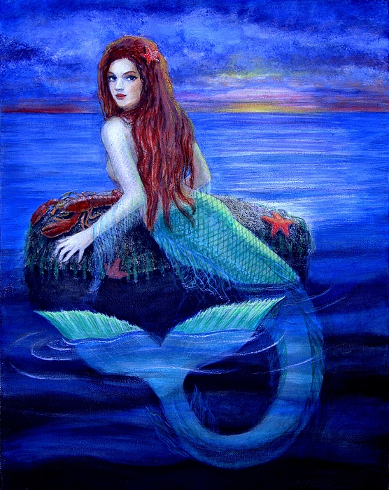 556x700 Mermaid's Dinner Painting By Sue Halstenberg - Mermaid Painting