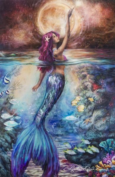 389x600 Moonlit Siren Original Painting In Private Collection - Mermaid Painting