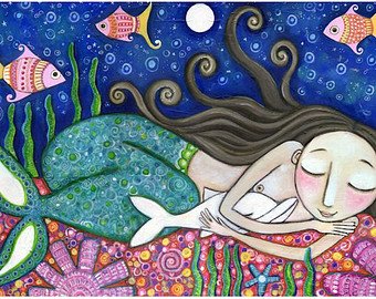 340x270 Mermaid Art Print Dolphin 8 X 11 Art For Kids Nursery - Mermaid Painting For Kids