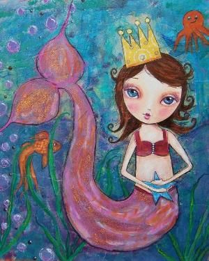 300x375 Whimsical Mermaid Painting, Girl, Print, Woman, 8 X 10, Art, Wall - Mermaid Painting For Kids