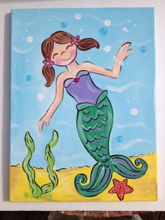 236x314 Children's Art For Girls Room, Mermaid Princess, 16x20 Acrylic - Mermaid Painting For Kids