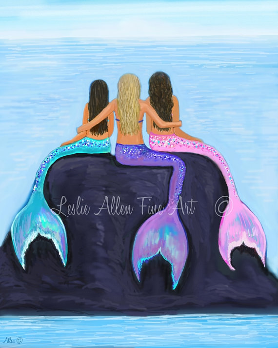 570x713 Mermaid Painting Art Print Wall Art Decor Mermaids Sisters - Mermaid Painting Games