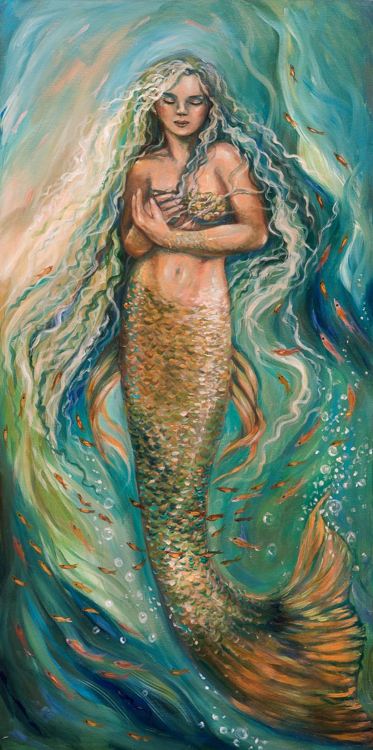 770x1546 Saatchi Art Slumbering Mermaid Painting By Linda Olsen - Mermaid Painting Images