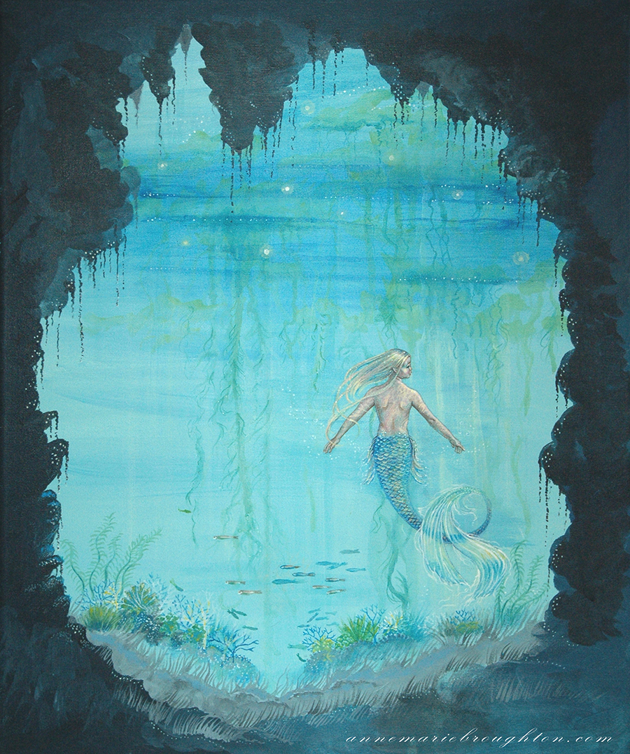 900x1077 Mermaid Cave Painting Anne Marie Broughton - Mermaid Painting On Canvas