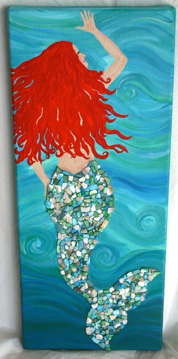 570x1149 Mermaid Hand Painted Canvas With Shell Detail Hand - Mermaid Painting On Canvas