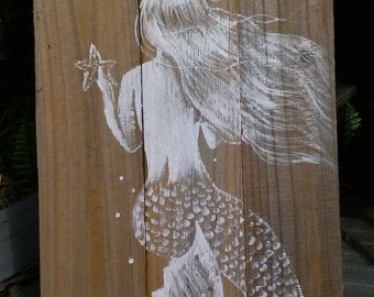 340x270 Painted Mermaid, White, Mermaid Art, Mermaid Painting, Reclaimed - Mermaid Painting On Wood