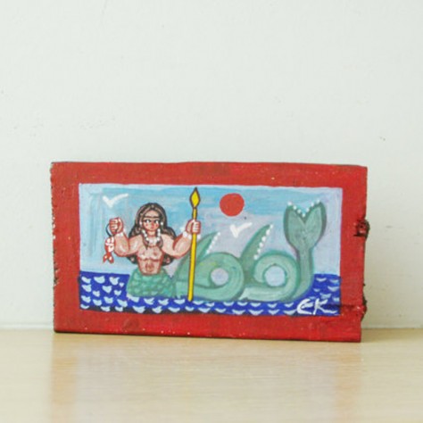 474x474 Vintage Mermaid Painting, Greek Folk Art Mermaid, Small Painitng - Mermaid Painting On Wood