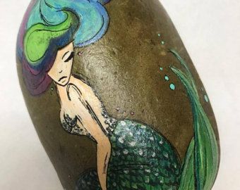 340x270 Hand Painted Rock, Mermaid, Painted Stone, Ocean, Fairy, Colorful - Mermaid Rock Painting
