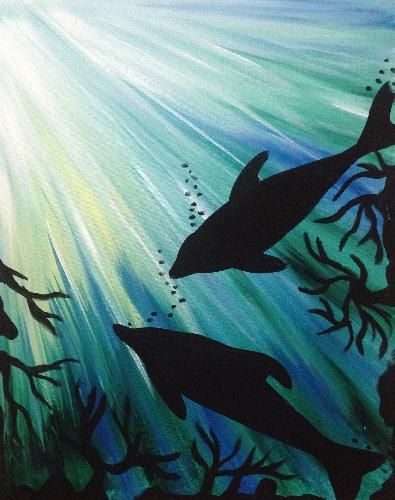 395x500 Dolphin Play - Mermaid Silhouette Painting