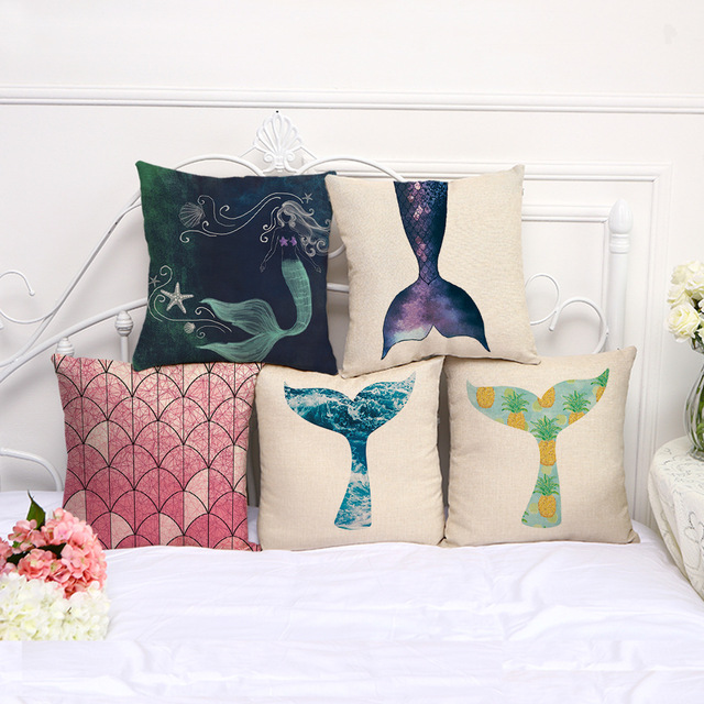 640x640 Mermaid Tail Painting Cushion Cover Cotton Linen Decorative - Mermaid Tail Painting