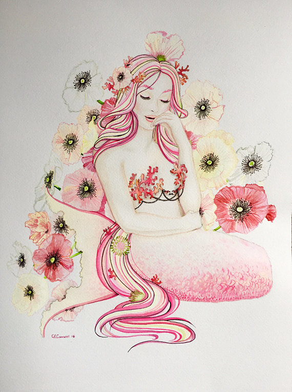 570x765 Pink Poppies Mermaid Watercolor Painting Original Mermaid Art - Mermaid Watercolor Painting