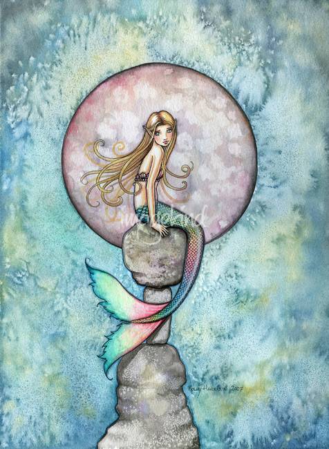 476x650 Sinking Moon Mermaid Fantasy Watercolor Art Print By Molly Harrison - Mermaid Watercolor Painting