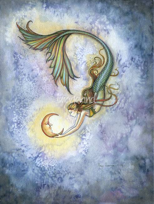 492x650 Deep Sea Moon Mermaid Fantasy Watercolor By Molly By Molly Harrison - Mermaid Watercolor Painting
