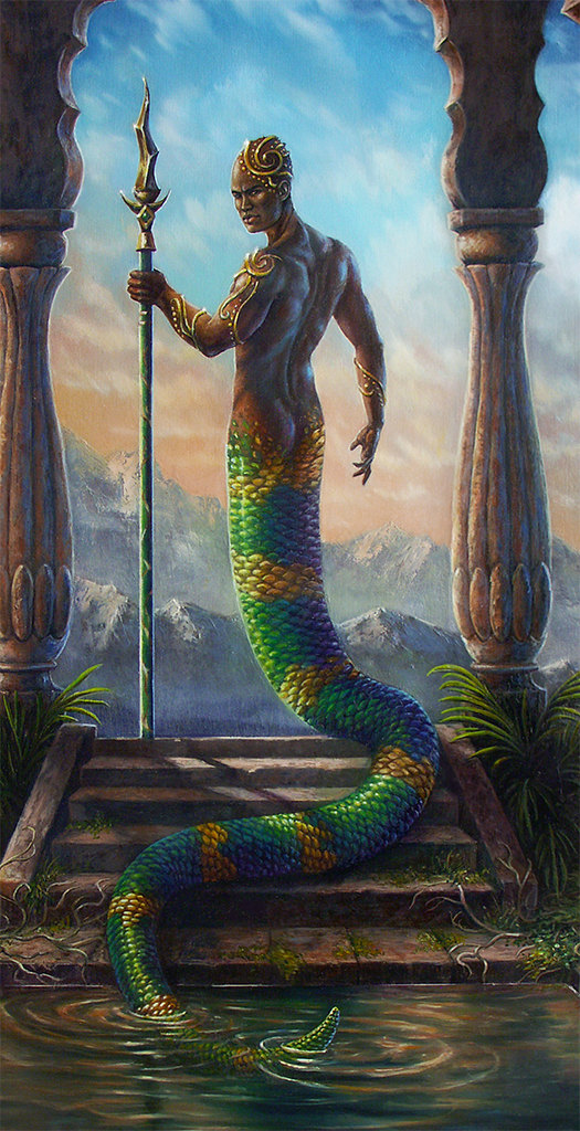 525x1024 Original Fantasy Art, Original Oil Painting, Serpent Naga Warrior - Merman Painting