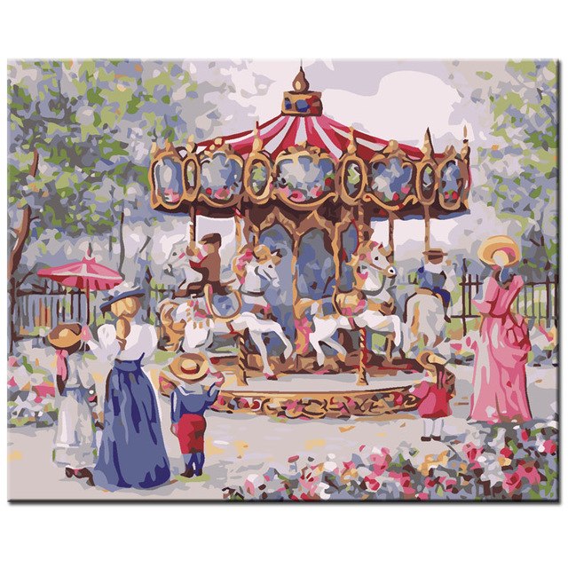 640x640 Digital Oil Painting By Numbers Merry Go Round Picture On Canvas - Merry Go Round Painting