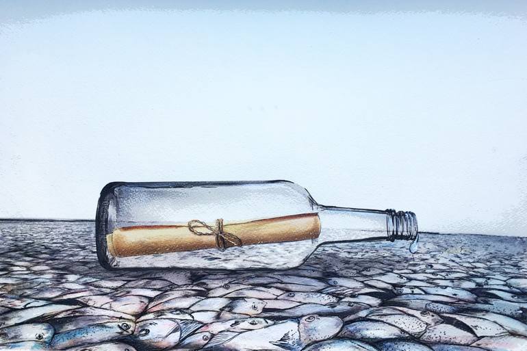 770x513 Saatchi Art Sos Message From The Sea Painting By Revers Lab - Message In A Bottle Painting