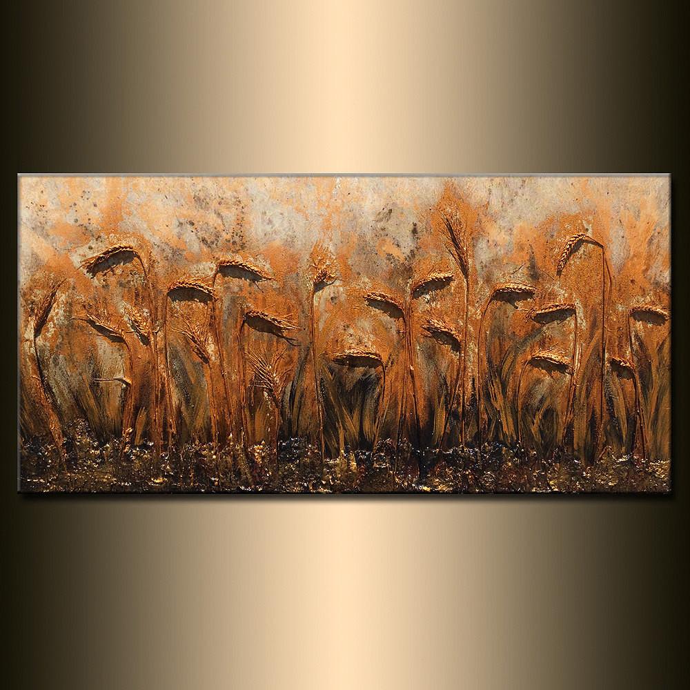 1000x1000 Original Modern Textured Art Deco Landscape Wheat Field Abstract - Metallic Painting