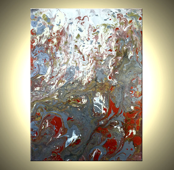 570x557 White Silver Liquid Metallic Painting Original Abstract Art - Metallic Painting