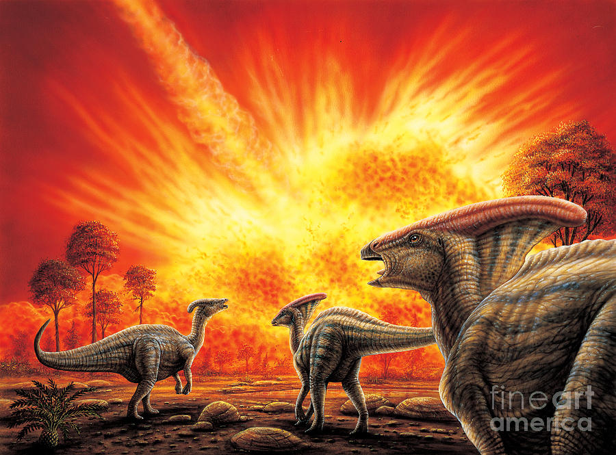 900x665 Parasaurolophus Meteor Strike Painting By Phil Wilson - Meteor Painting