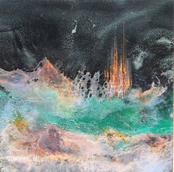 563x559 Meteor Shower 1964 14x14 By Leonardo Nierman Abstract Painting - Meteor Shower Painting