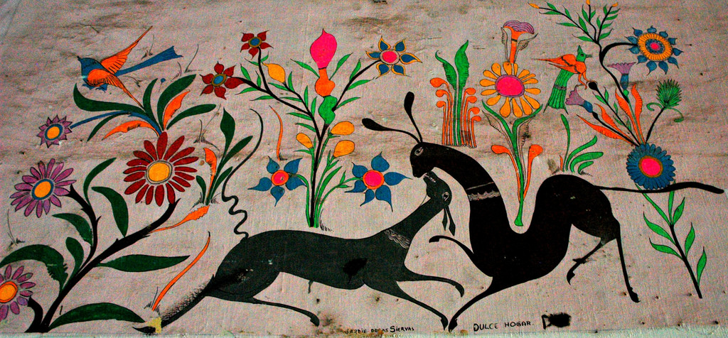1024x476 Antique Mexican Folk Art Painting, Jardin De Los Siervas, - Mexican Art Painting