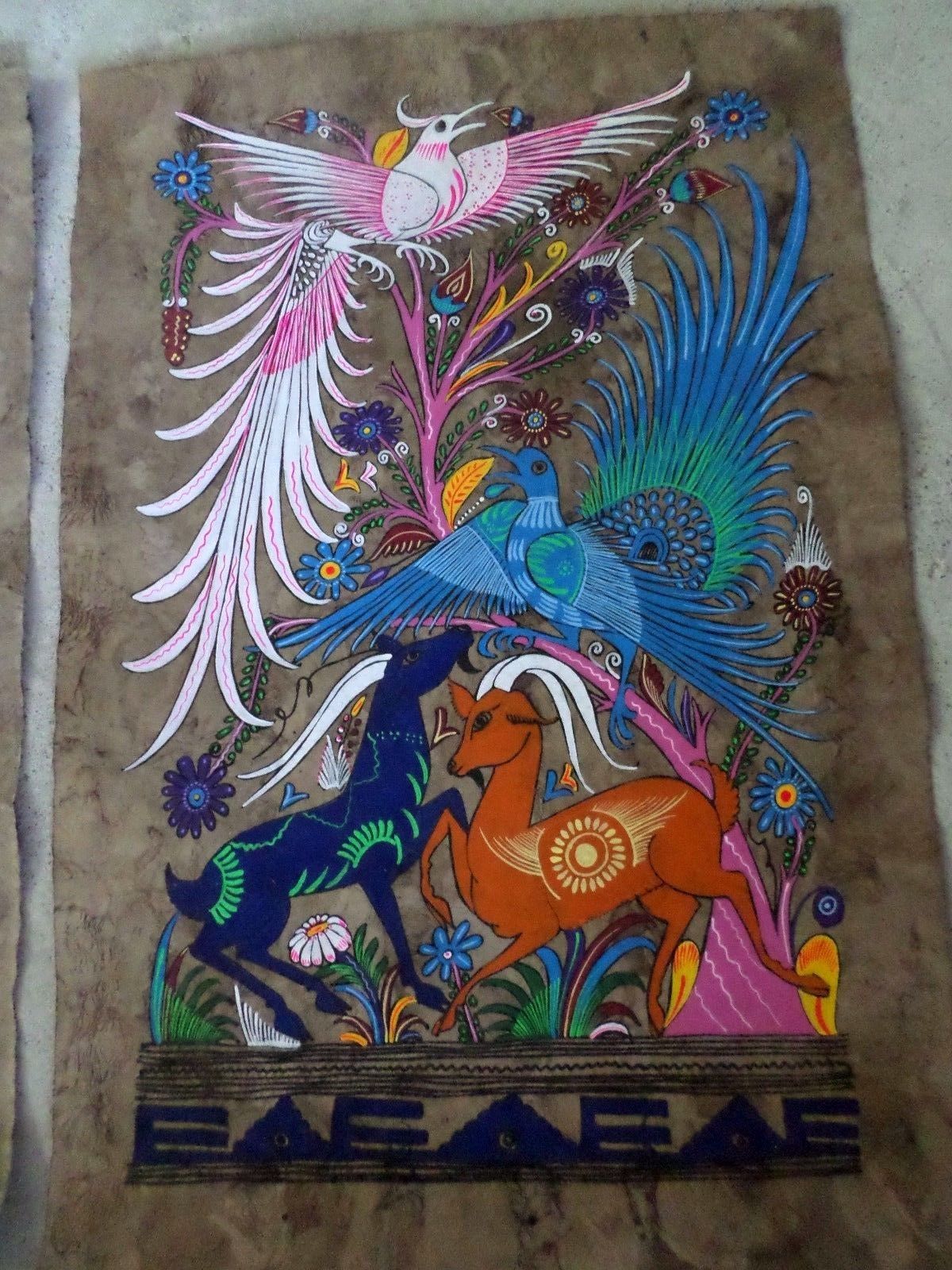 1200x1600 Mexican Folk Art Amate Bark Painting Guerrero Tropical Bird Pair - Mexican Bark Painting