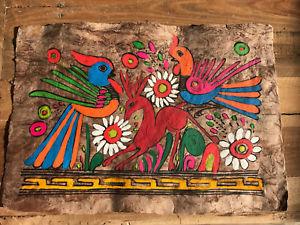 300x225 Vintage Mexican Amate Bark Painting Hand Painted Folk Art Bird - Mexican Bark Painting